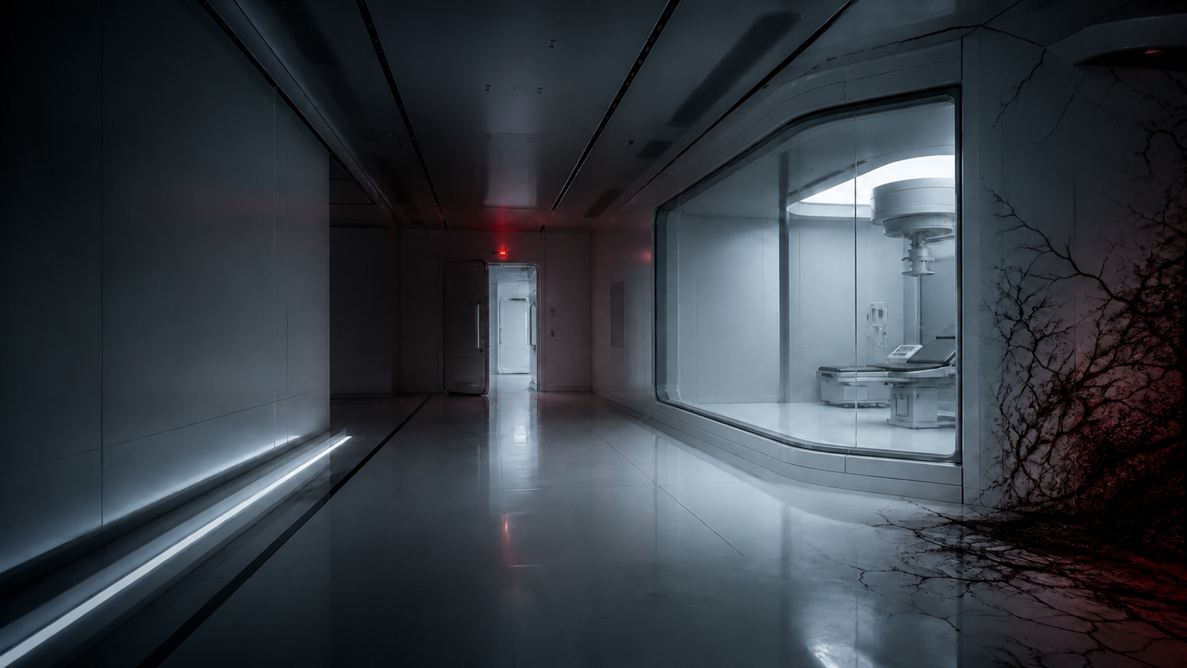 Couloir désert d’un laboratoire clinique après l’arrêt du protocole Revita